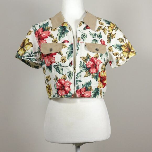 Vintage Tops - Vintage 1990s Enchanté Collection Floral Zip Up Collared Crop Top Medium